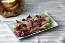 Carpaccio di cefalo con melagrana, citronette, scorza d'arancio - Saluma Cesenatico